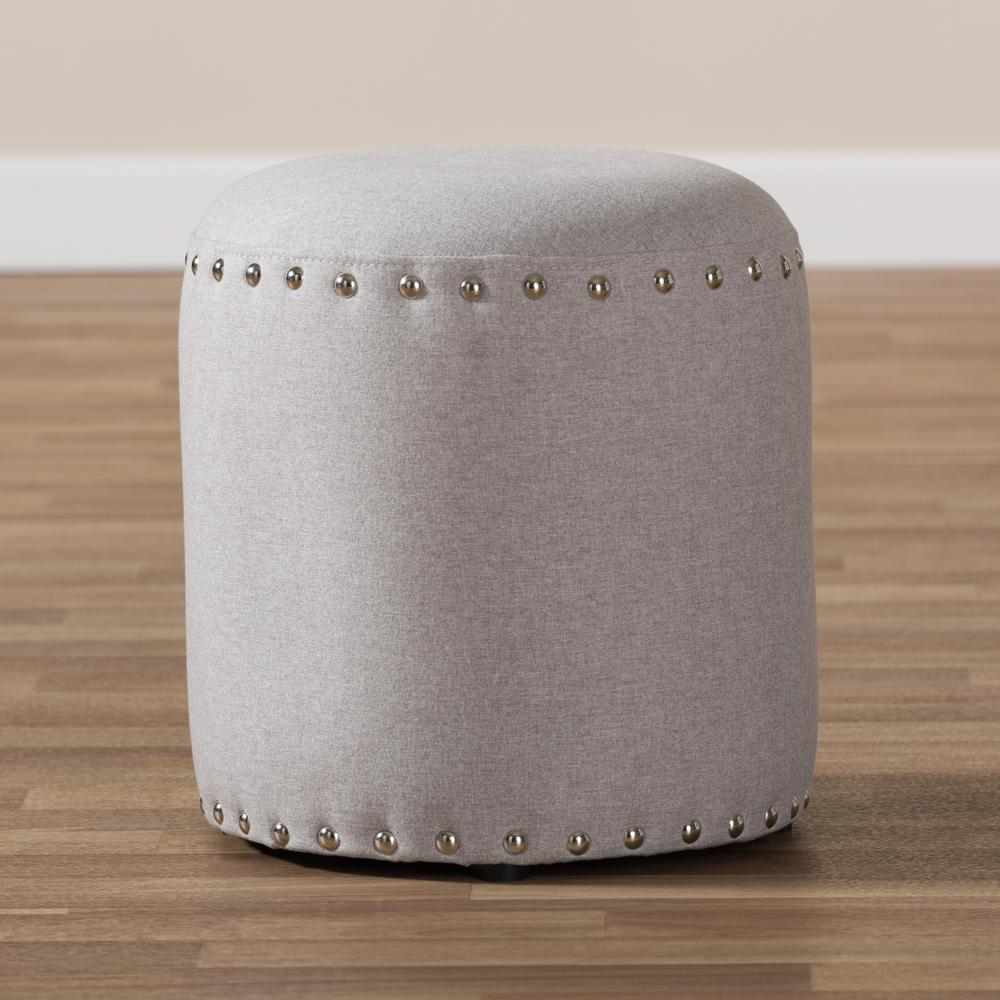 Rosine Modern and Contemporary Light Grey Fabric Upholstered Nail Trim Ottoman. Picture 9