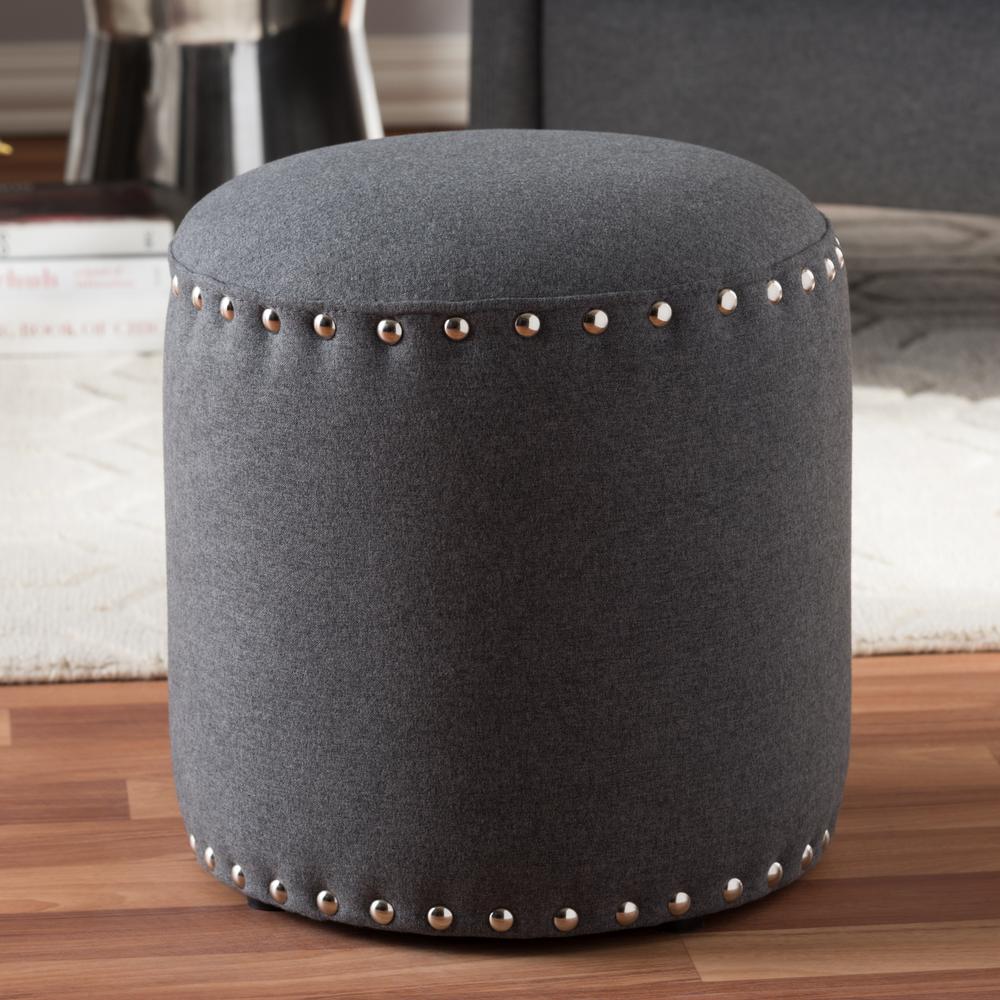 Rosine Modern and Contemporary Dark Grey Fabric Upholstered Nail Trim Ottoman. Picture 4