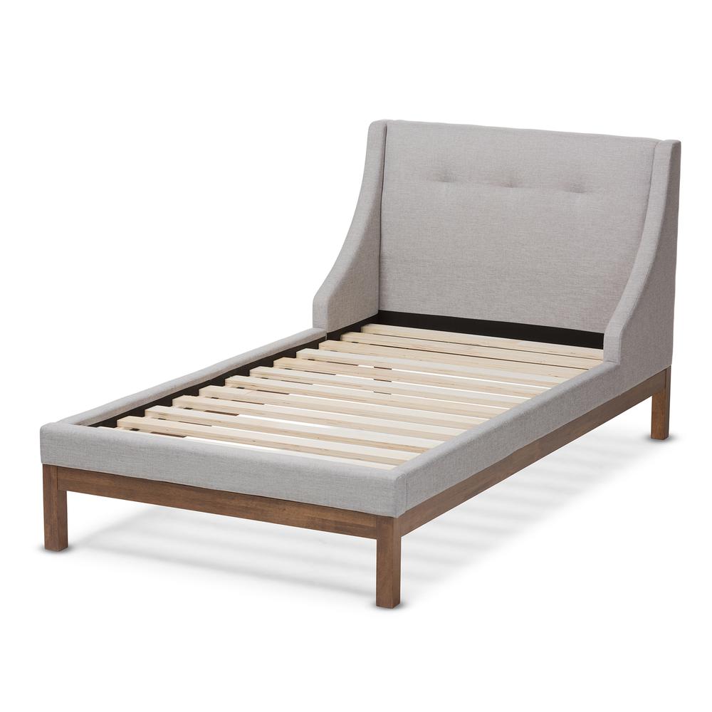 Greyish Beige Fabric Upholstered Walnut-Finished Twin Sized Platform Bed. Picture 11