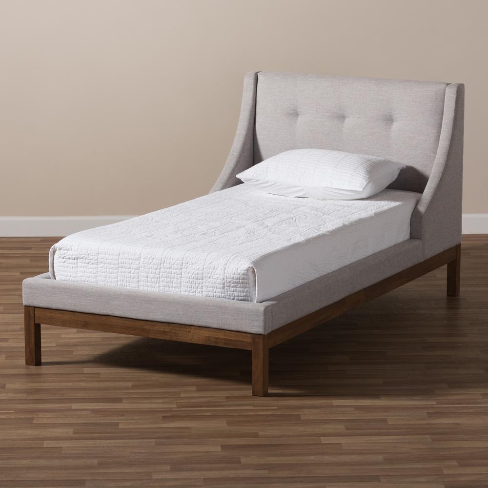 Greyish Beige Fabric Upholstered Walnut-Finished Twin Sized Platform Bed. Picture 15