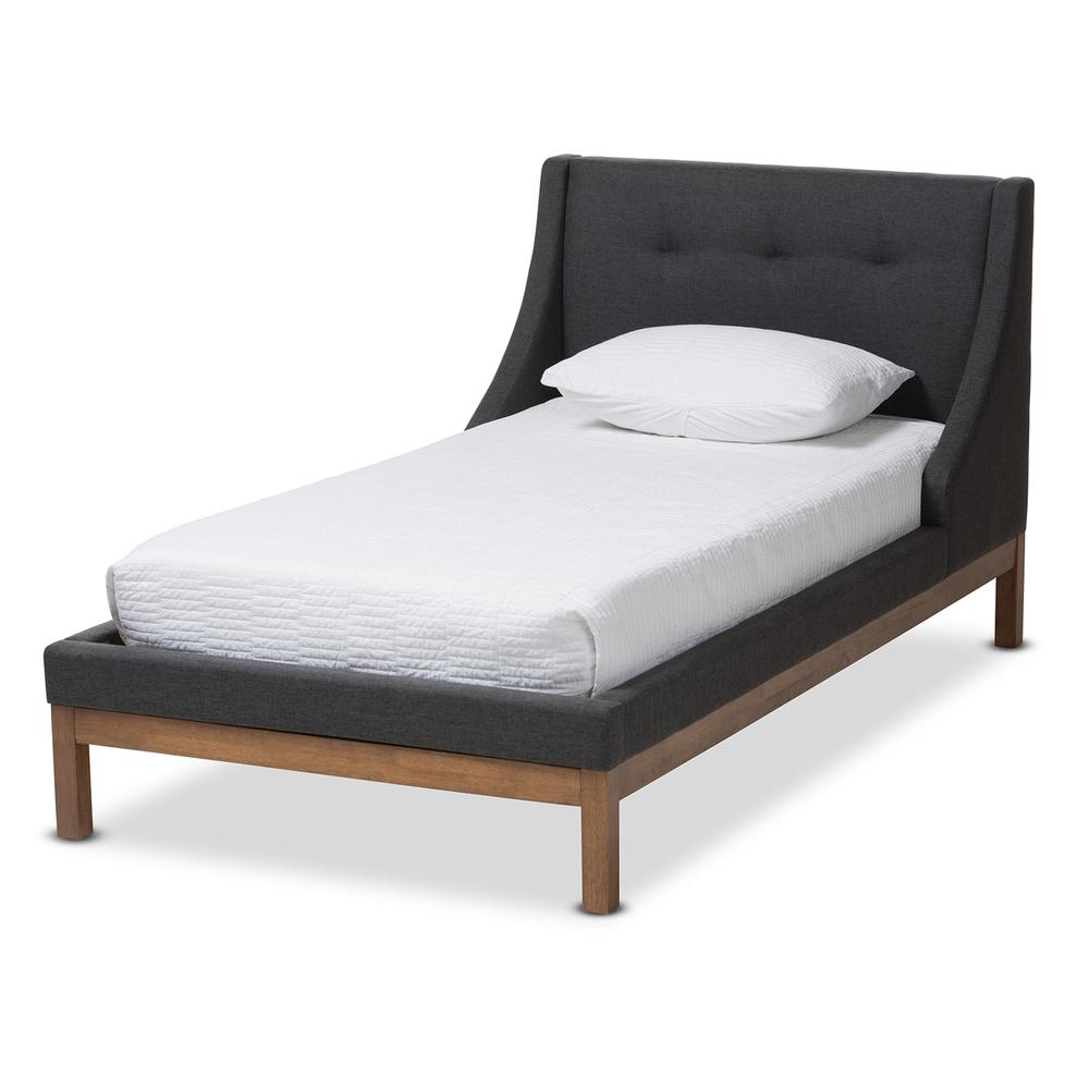Dark Grey Fabric Upholstered Walnut-Finished Twin Sized Platform Bed. Picture 9