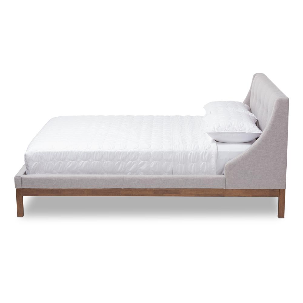 Greyish Beige Fabric Upholstered Walnut-Finished Full Sized Platform Bed. Picture 9