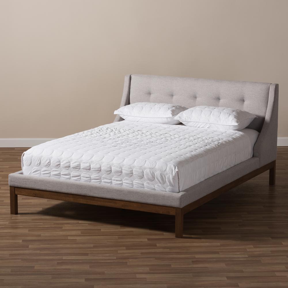 Greyish Beige Fabric Upholstered Walnut-Finished Full Sized Platform Bed. Picture 14