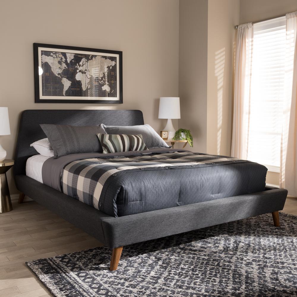 Dark Grey Fabric Upholstered Walnut-Finished Queen Sized Platform Bed. Picture 12