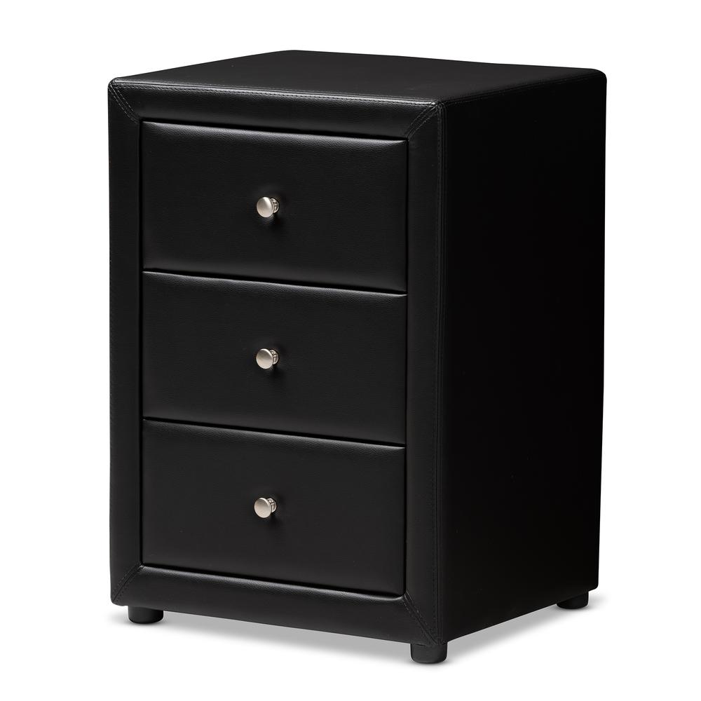 Tessa Modern and Contemporary Black Faux Leather Upholstered 3-Drawer Nightstand. Picture 10