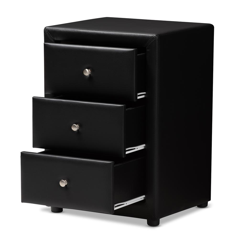 Tessa Modern and Contemporary Black Faux Leather Upholstered 3-Drawer Nightstand. Picture 11
