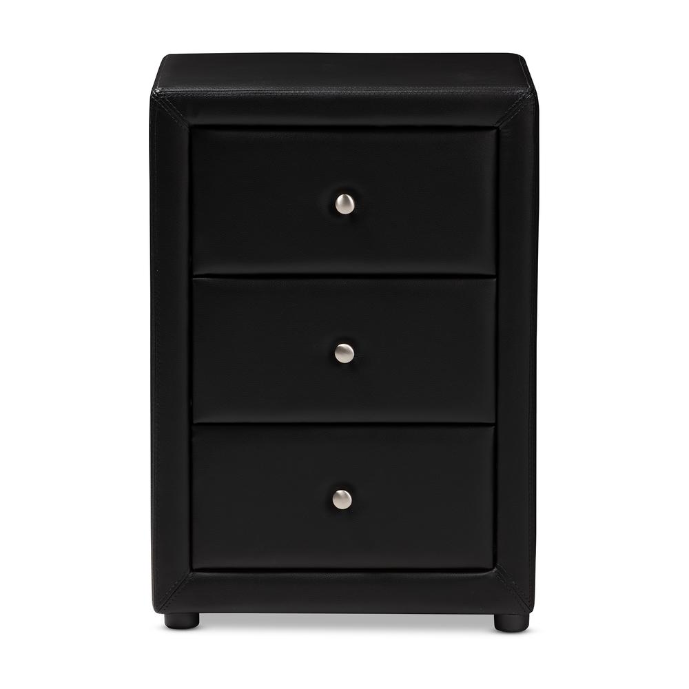 Tessa Modern and Contemporary Black Faux Leather Upholstered 3-Drawer Nightstand. Picture 12