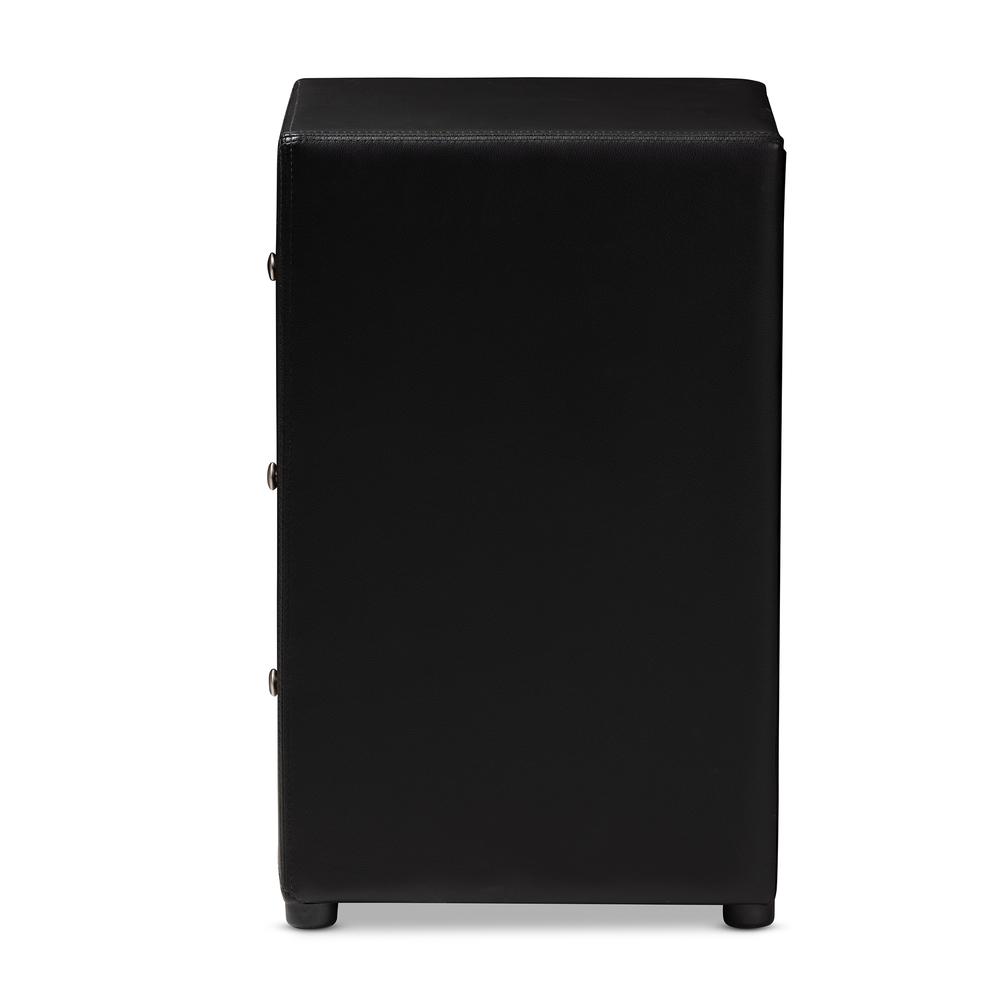 Tessa Modern and Contemporary Black Faux Leather Upholstered 3-Drawer Nightstand. Picture 13