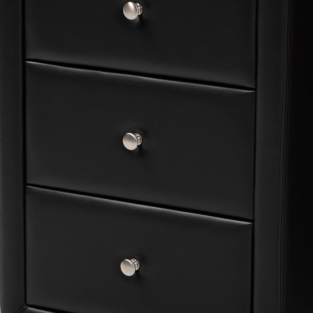 Tessa Modern and Contemporary Black Faux Leather Upholstered 3-Drawer Nightstand. Picture 14