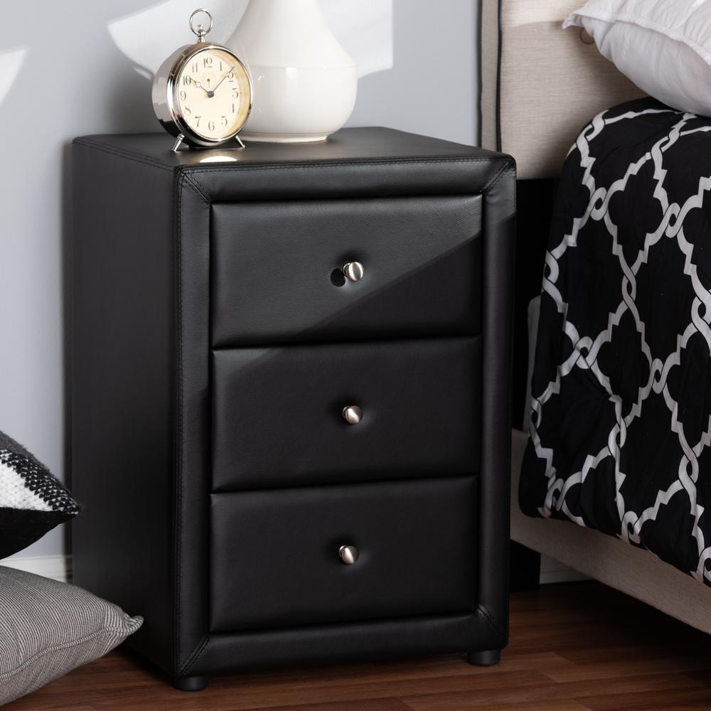Tessa Modern and Contemporary Black Faux Leather Upholstered 3-Drawer Nightstand. Picture 8