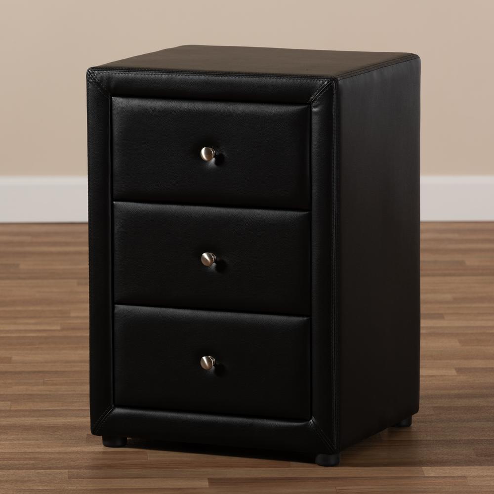 Tessa Modern and Contemporary Black Faux Leather Upholstered 3-Drawer Nightstand. Picture 17