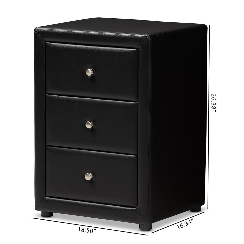 Tessa Modern and Contemporary Black Faux Leather Upholstered 3-Drawer Nightstand. Picture 18