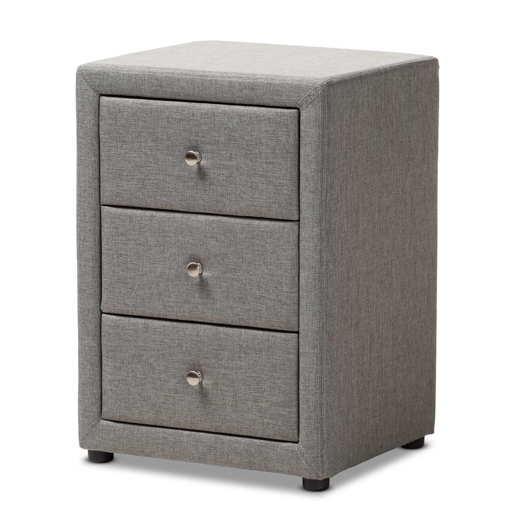 Tessa Modern and Contemporary Grey Fabric Upholstered 3-Drawer Nightstand. Picture 10