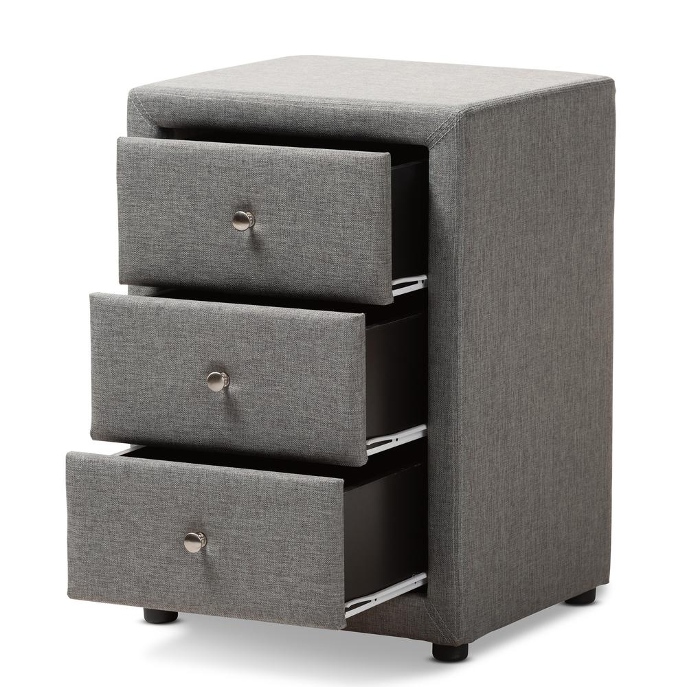 Tessa Modern and Contemporary Grey Fabric Upholstered 3-Drawer Nightstand. Picture 11