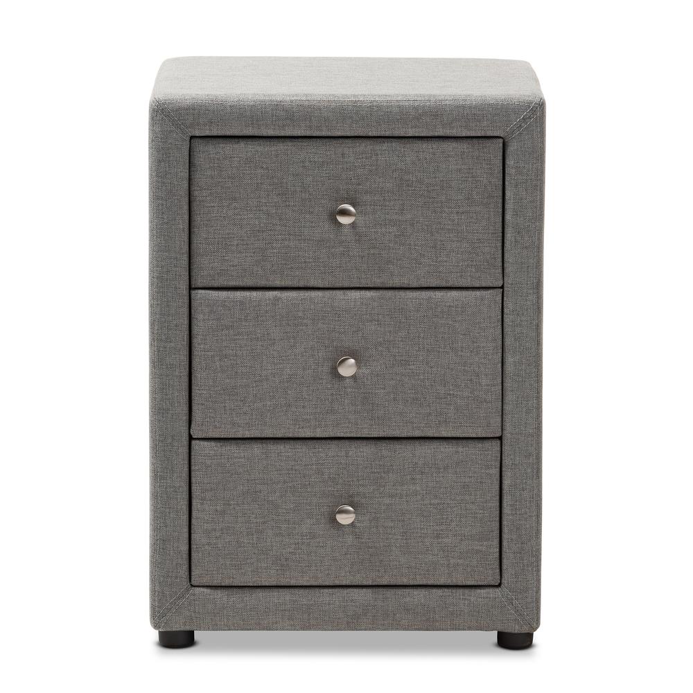 Tessa Modern and Contemporary Grey Fabric Upholstered 3-Drawer Nightstand. Picture 12