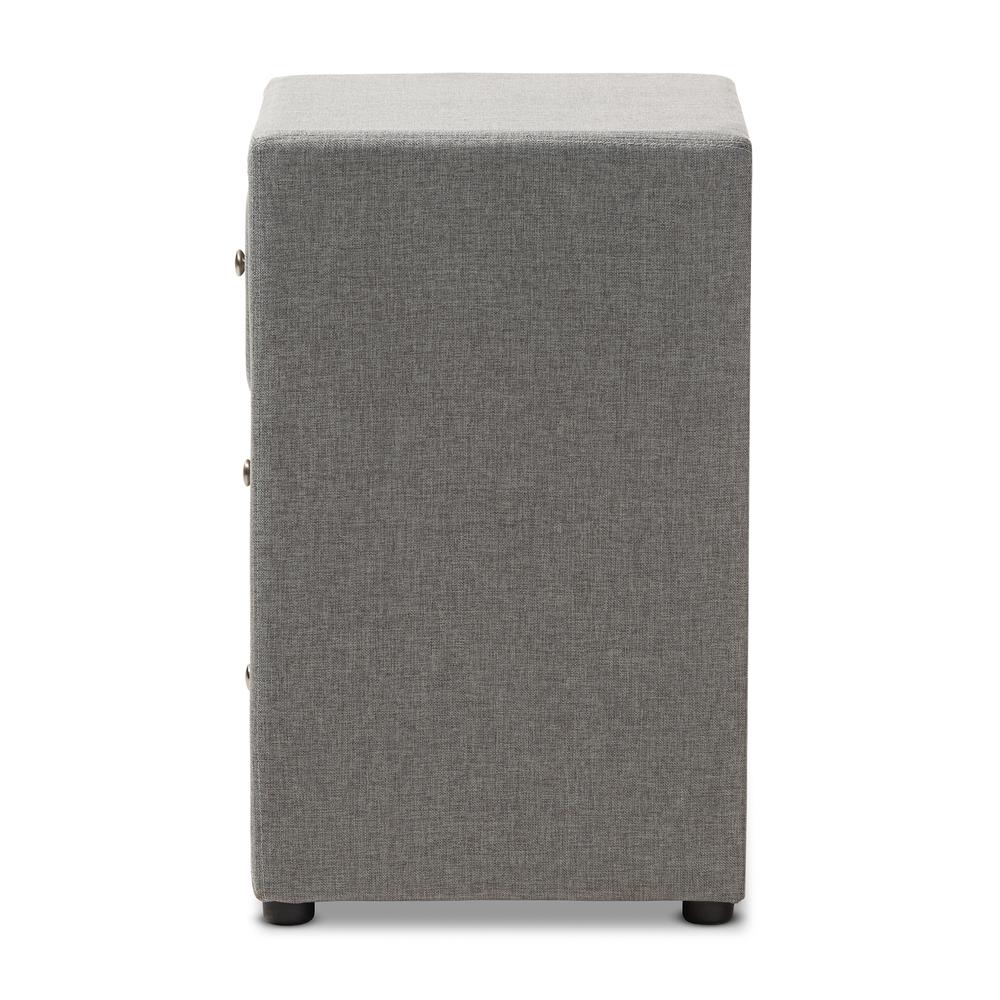 Tessa Modern and Contemporary Grey Fabric Upholstered 3-Drawer Nightstand. Picture 13