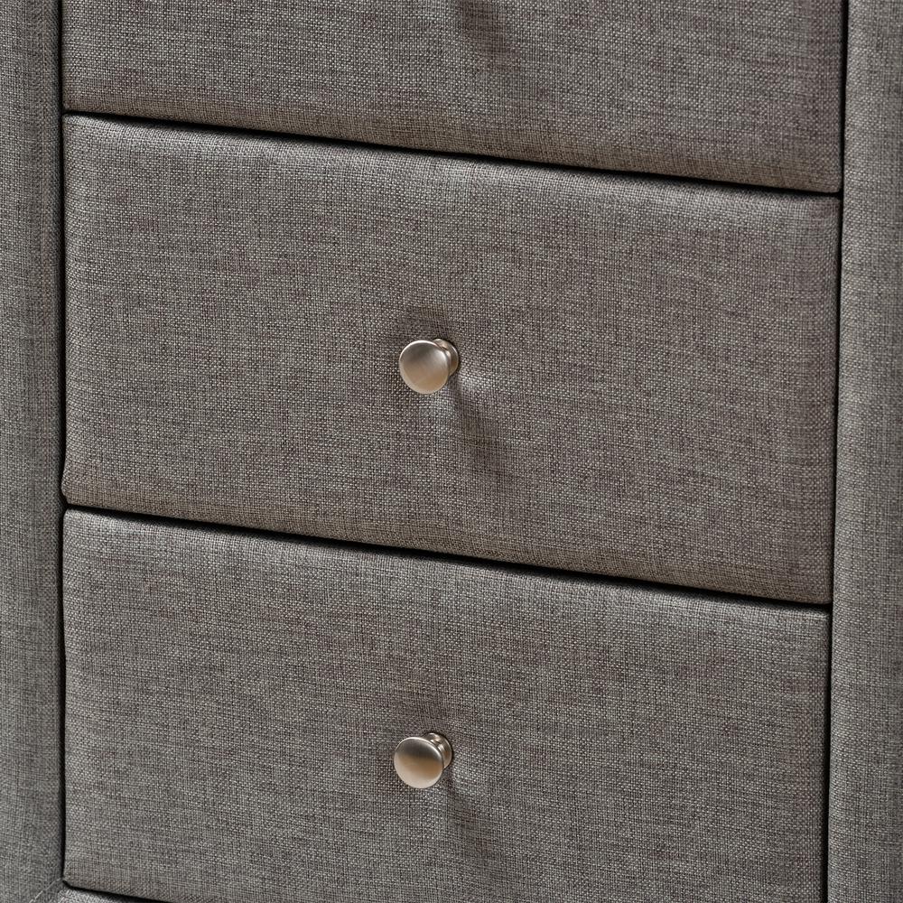 Tessa Modern and Contemporary Grey Fabric Upholstered 3-Drawer Nightstand. Picture 14