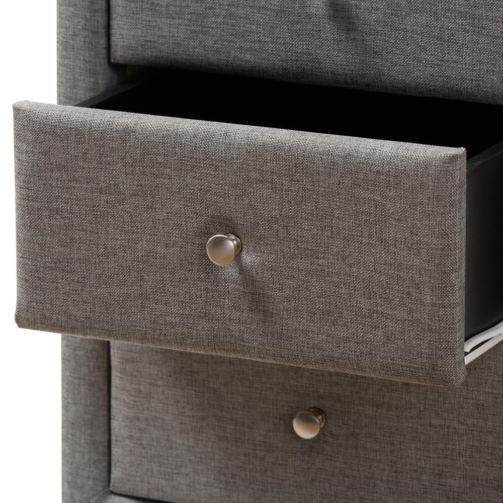 Tessa Modern and Contemporary Grey Fabric Upholstered 3-Drawer Nightstand. Picture 15