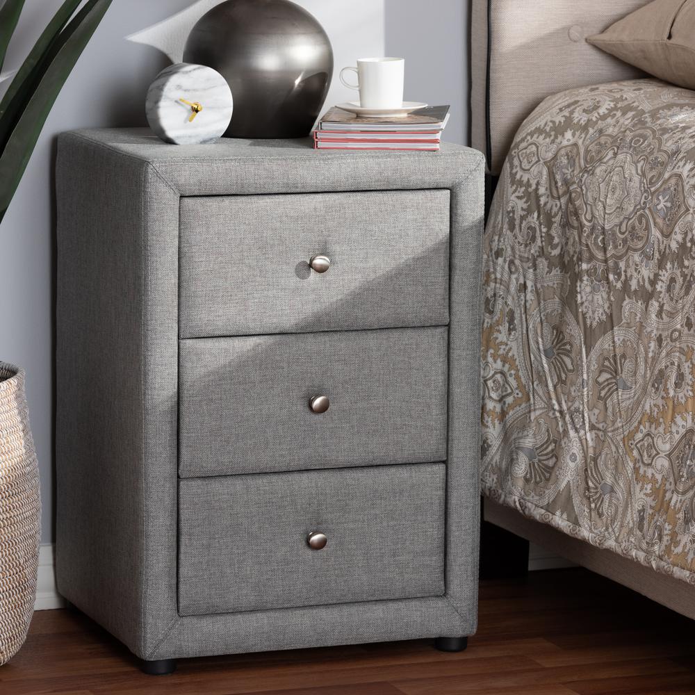 Tessa Modern and Contemporary Grey Fabric Upholstered 3-Drawer Nightstand. Picture 16