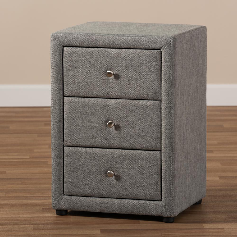 Tessa Modern and Contemporary Grey Fabric Upholstered 3-Drawer Nightstand. Picture 17