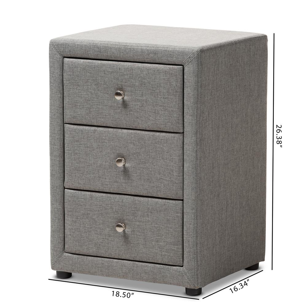 Tessa Modern and Contemporary Grey Fabric Upholstered 3-Drawer Nightstand. Picture 18
