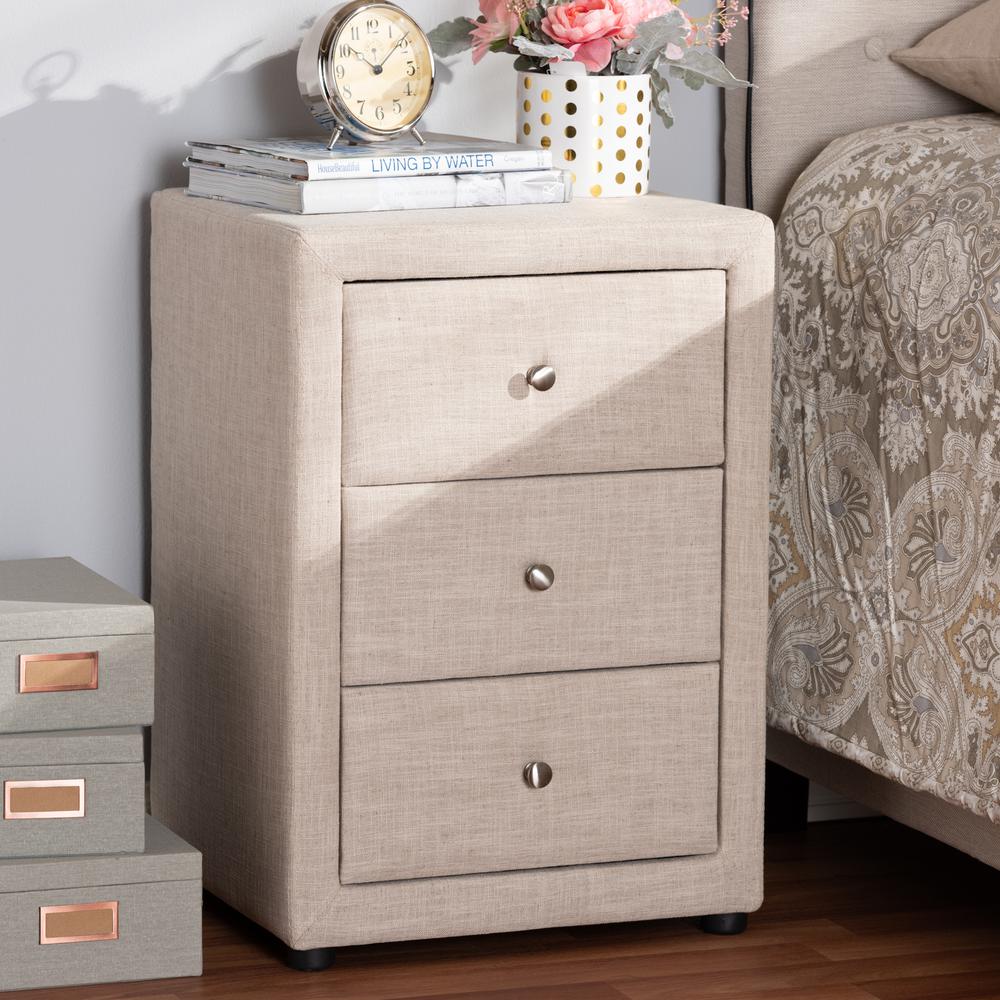 Tessa Modern and Contemporary Beige Fabric Upholstered 3-Drawer Nightstand. Picture 8
