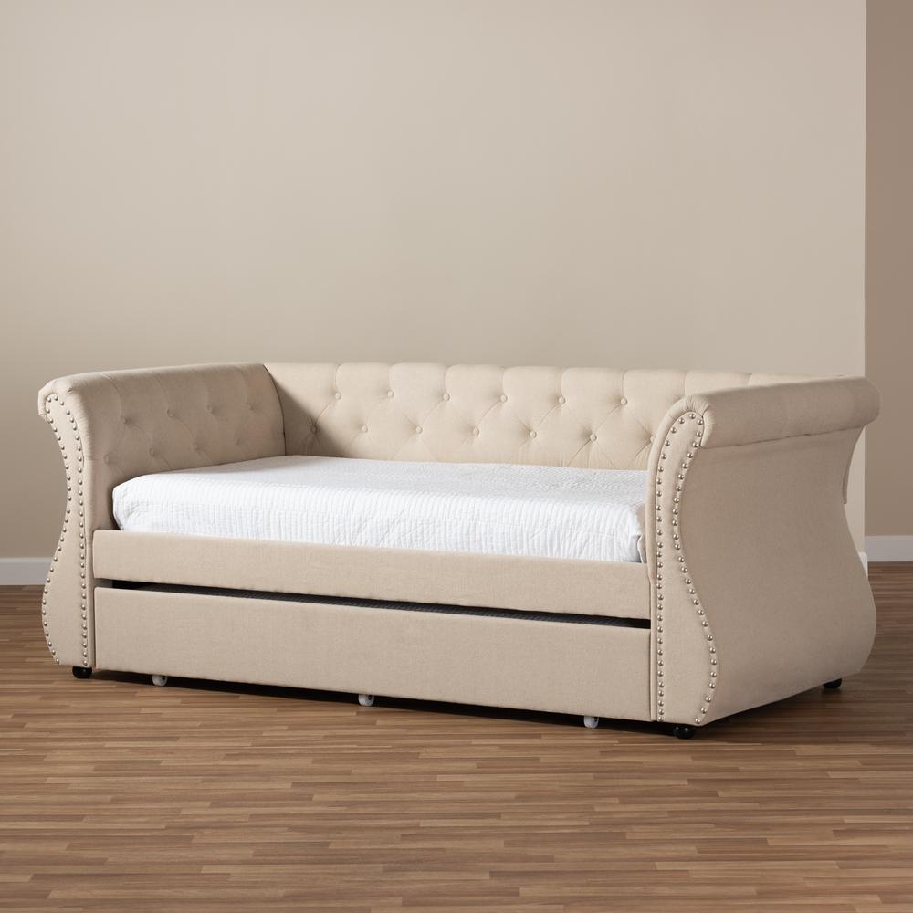 Cherine Classic and Contemporary Beige Fabric Upholstered Daybed with Trundle. Picture 21