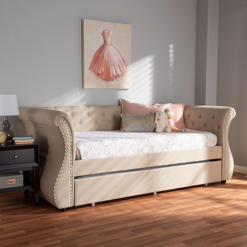 Cherine Classic and Contemporary Beige Fabric Upholstered Daybed with Trundle. Picture 19