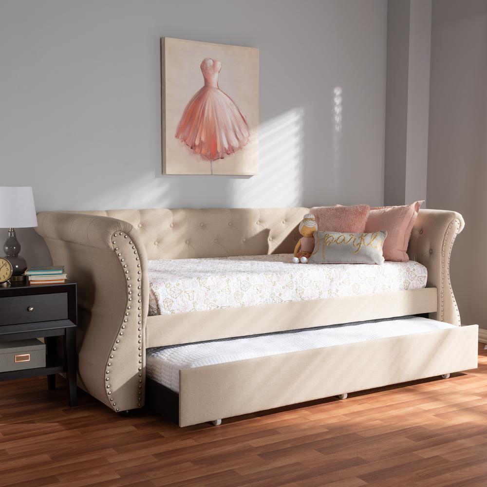 Cherine Classic and Contemporary Beige Fabric Upholstered Daybed with Trundle. Picture 20