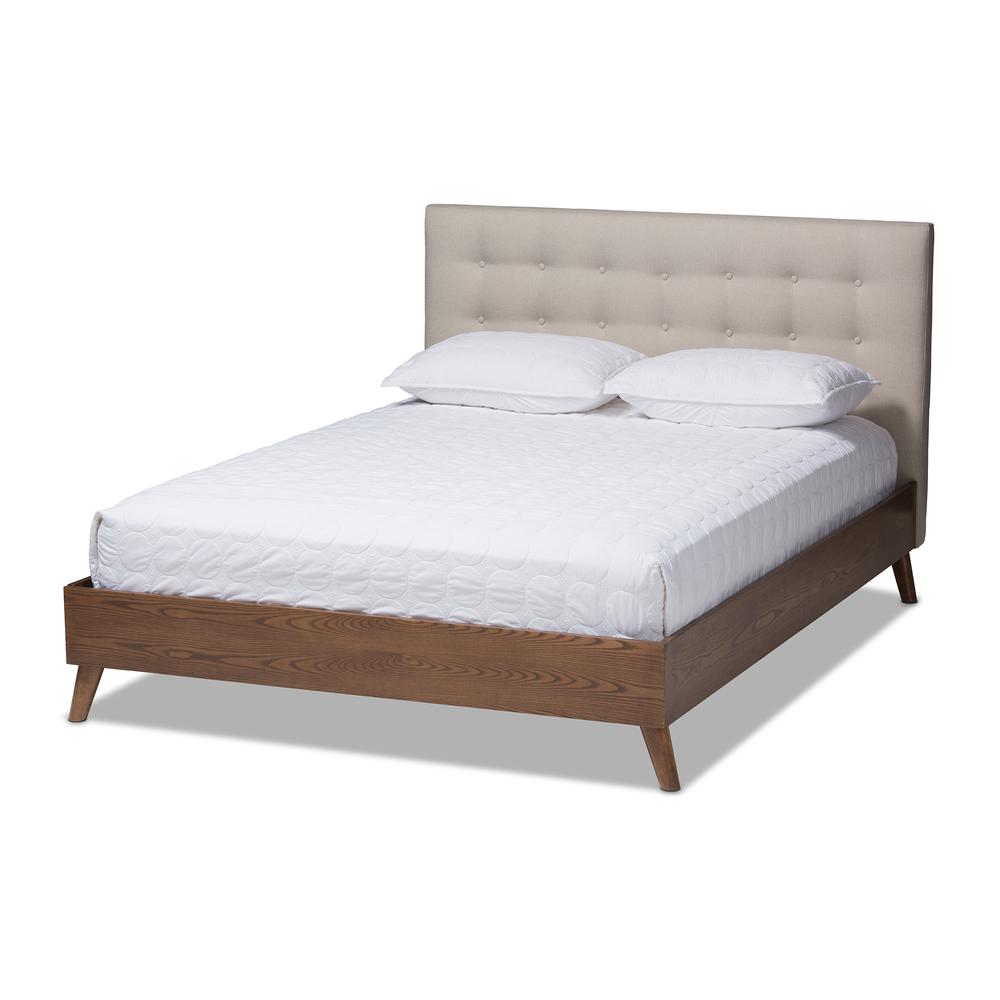 Light Beige Fabric Upholstered Walnut Wood King Size Platform Bed. Picture 9