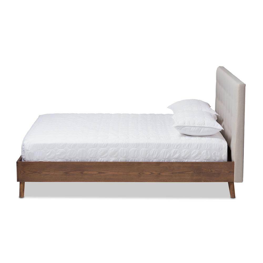 Light Beige Fabric Upholstered Walnut Wood King Size Platform Bed. Picture 10