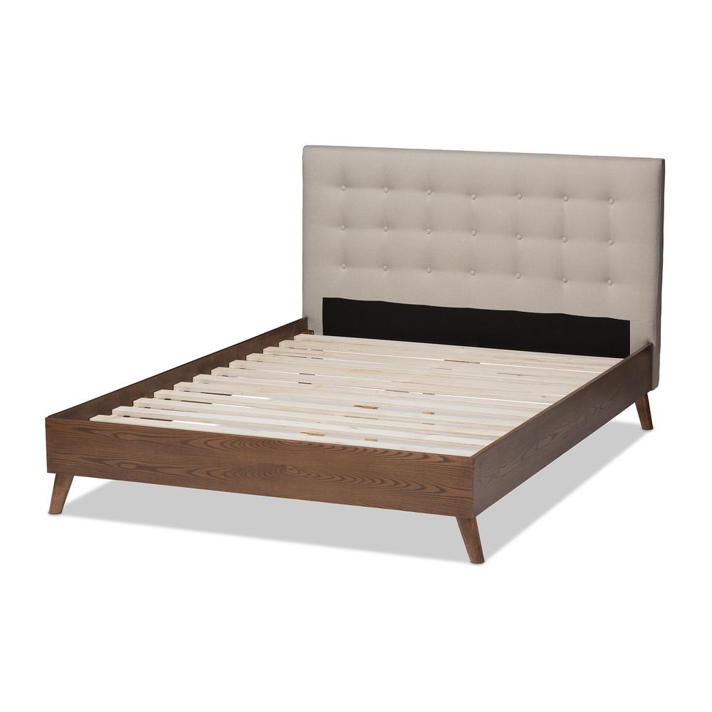 Light Beige Fabric Upholstered Walnut Wood King Size Platform Bed. Picture 11
