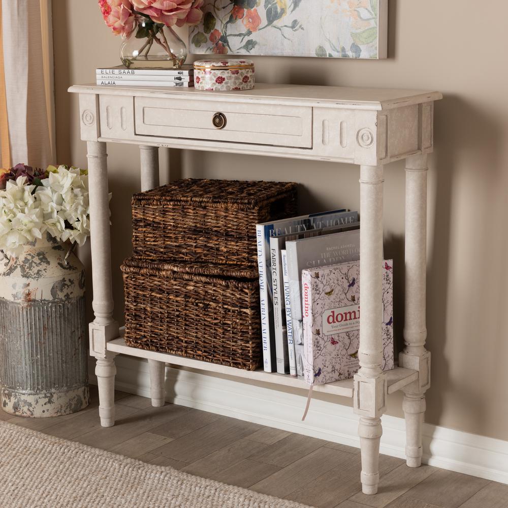 Ariella Country Cottage Farmhouse Whitewashed 1-Drawer Console Table. Picture 22