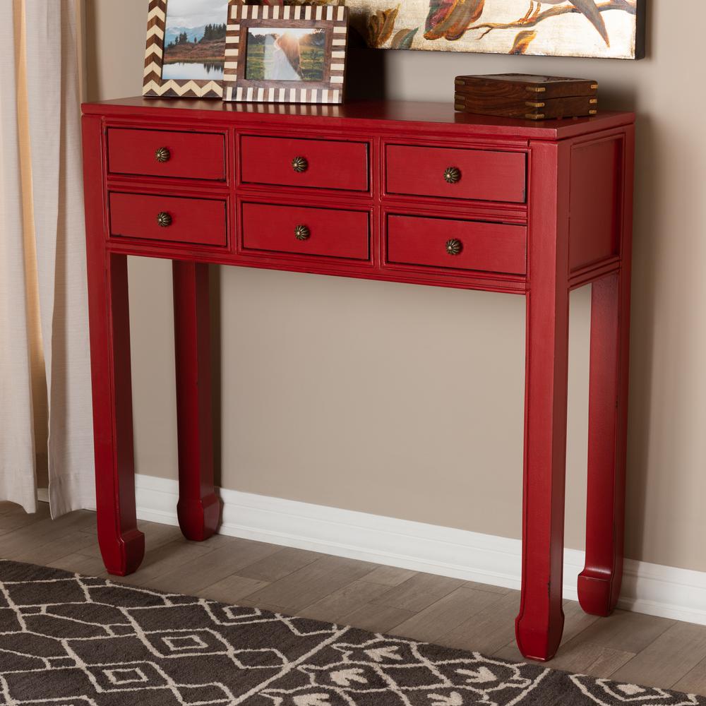 Pomme Classic and Antique Red Finished Wood Bronze Finished Accents 6-Drawer Console Table. Picture 10