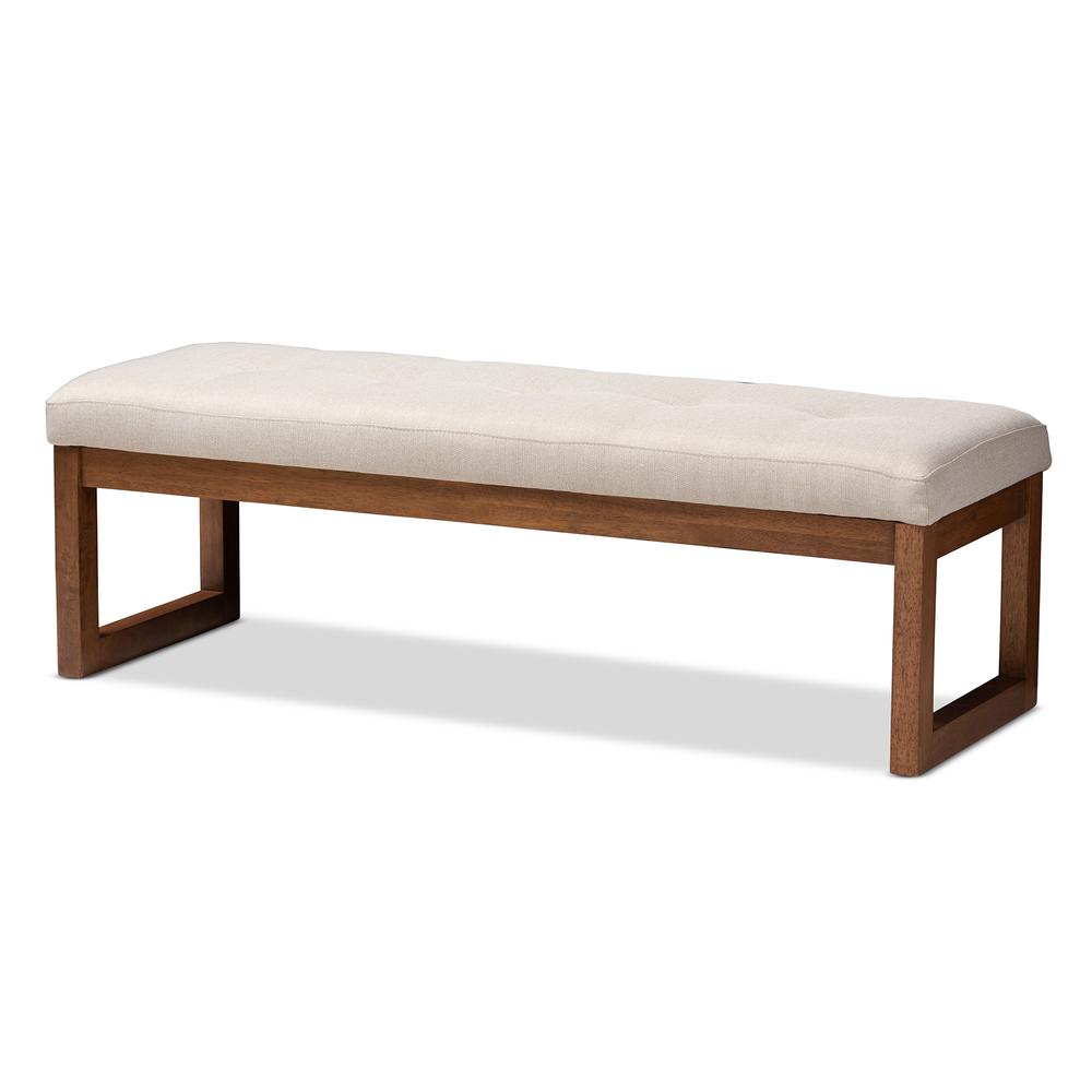 Light Beige Fabric Upholstered Walnut Brown Finished Wood Bench. Picture 9