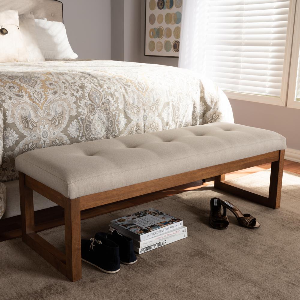 Caramay Modern and Contemporary Light Beige Fabric Upholstered Walnut Brown Finished Wood Bench. Picture 7