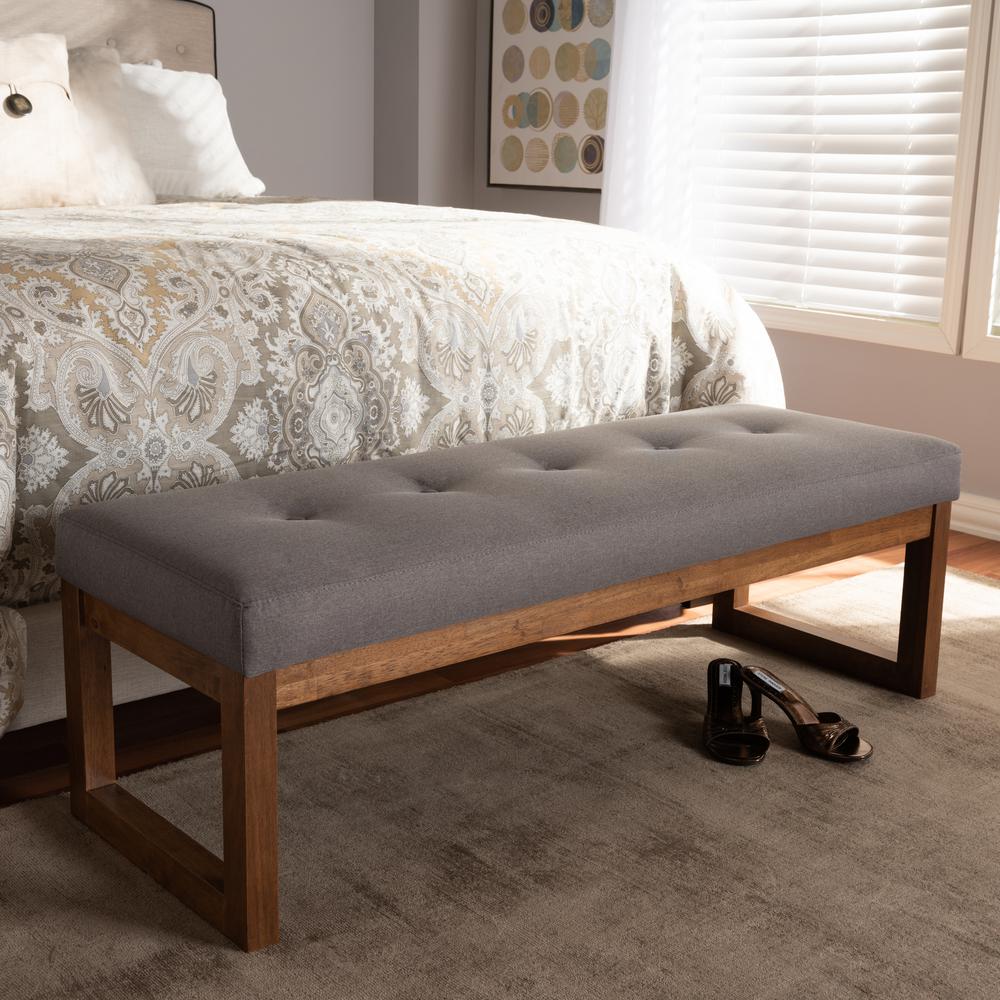 Caramay Modern and Contemporary Grey Fabric Upholstered Walnut Brown Finished Wood Bench. Picture 7
