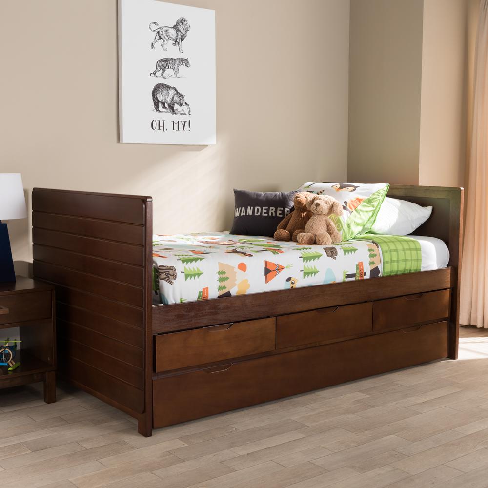 Linna Modern and Contemporary Walnut Brown-Finished Daybed with Trundle. Picture 19