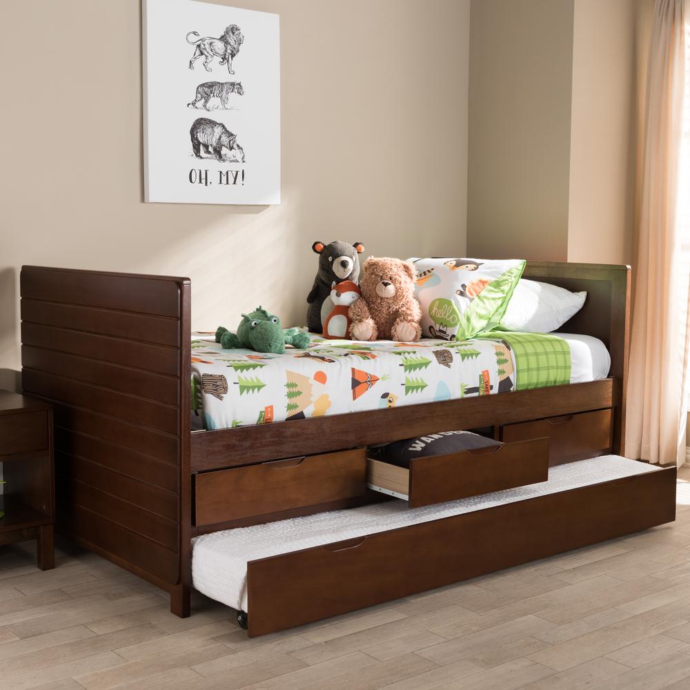 Linna Modern and Contemporary Walnut Brown-Finished Daybed with Trundle. Picture 20