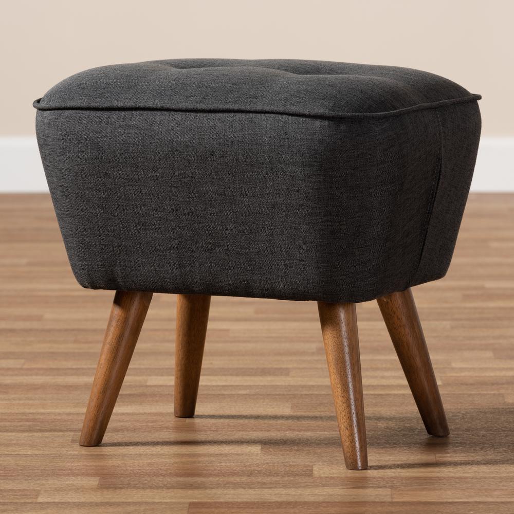 Dark Grey Fabric Upholstered Walnut Brown Finished Wood Ottoman. Picture 13