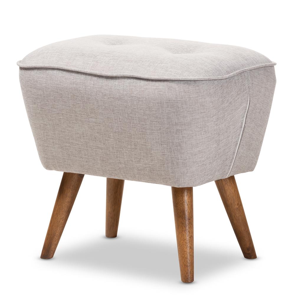 Greyish Beige Fabric Upholstered Walnut Brown Finished Wood Ottoman. Picture 8