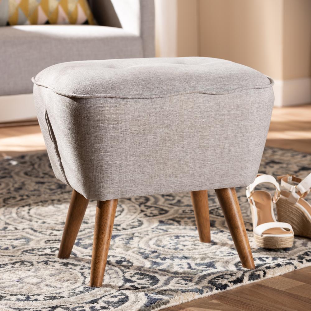 Petronelle Mid-Century Modern Greyish Beige Fabric Upholstered Walnut Brown Finished Wood Ottoman. Picture 6