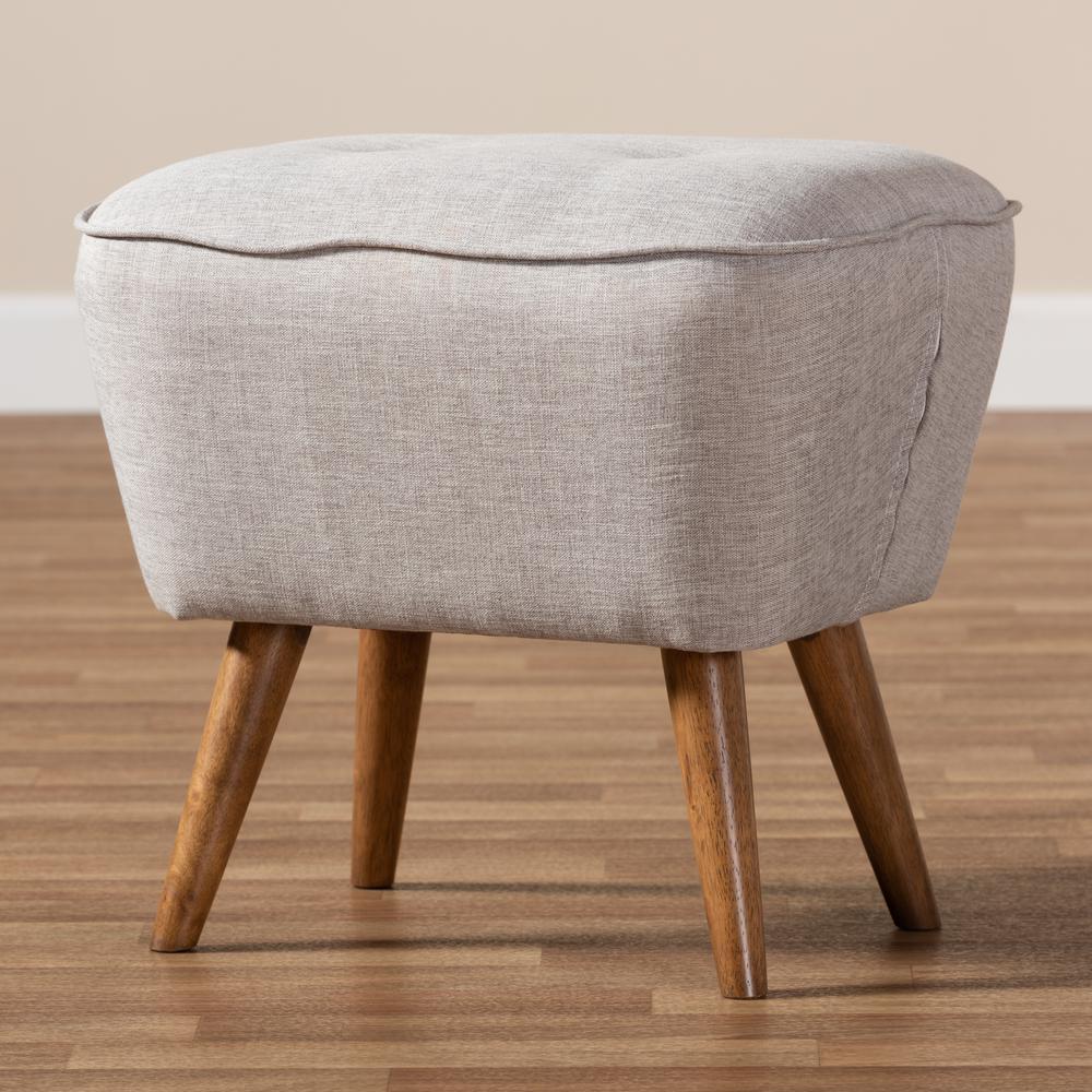 Greyish Beige Fabric Upholstered Walnut Brown Finished Wood Ottoman. Picture 13