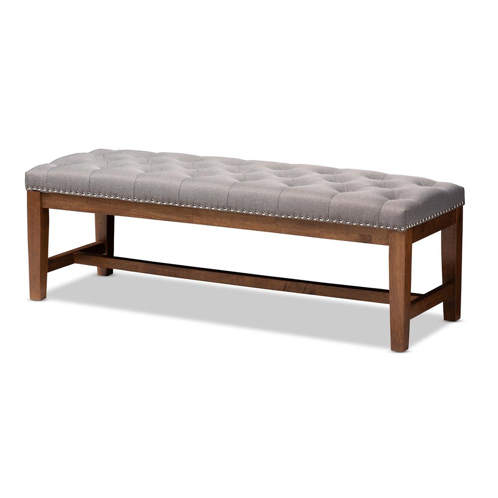 Grey Fabric Upholstered Walnut Finished Solid Rubberwood Bench. Picture 13