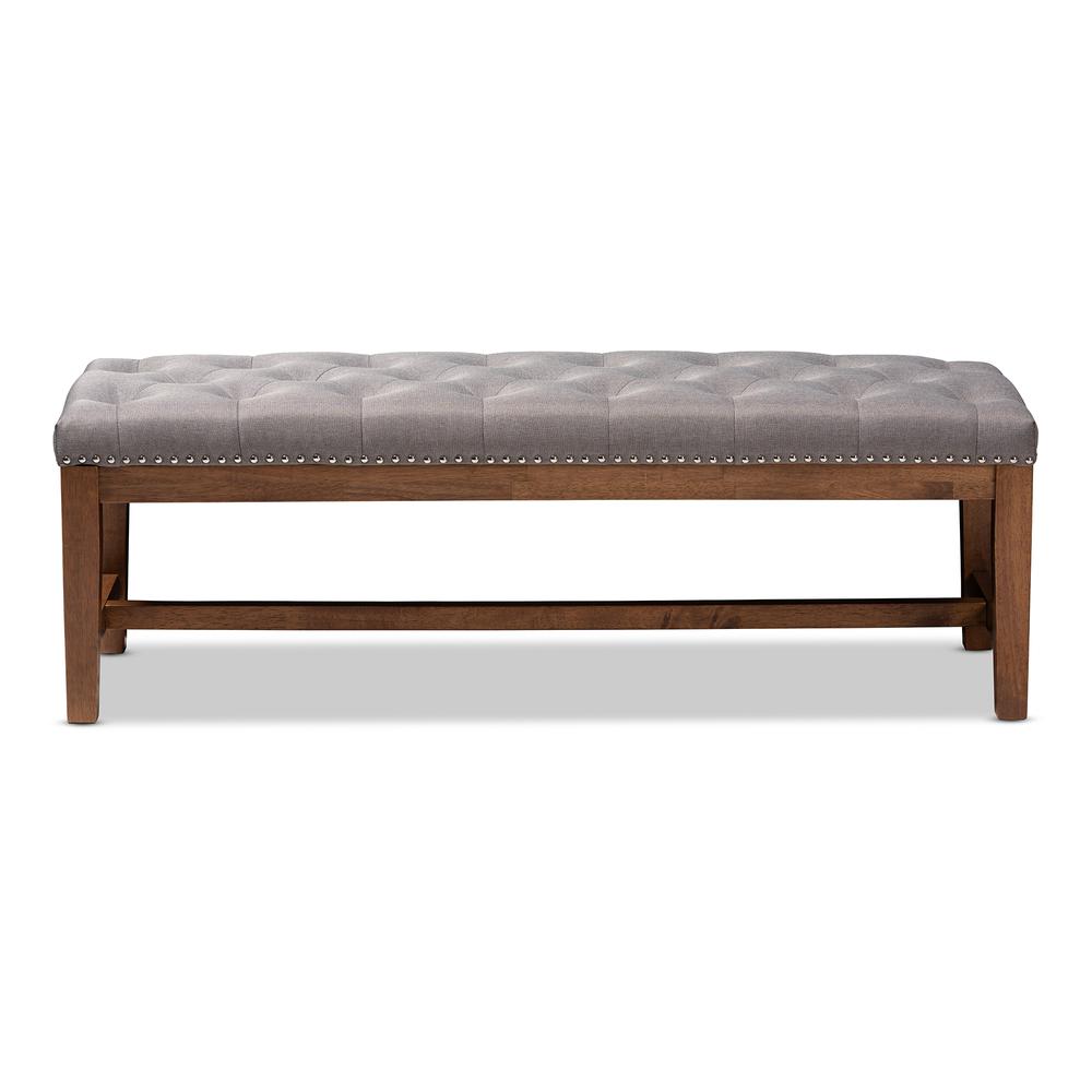 Grey Fabric Upholstered Walnut Finished Solid Rubberwood Bench. Picture 14