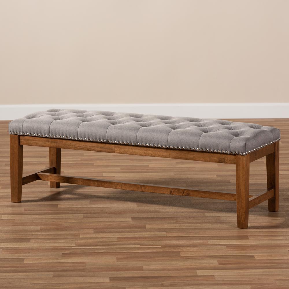 Grey Fabric Upholstered Walnut Finished Solid Rubberwood Bench. Picture 19