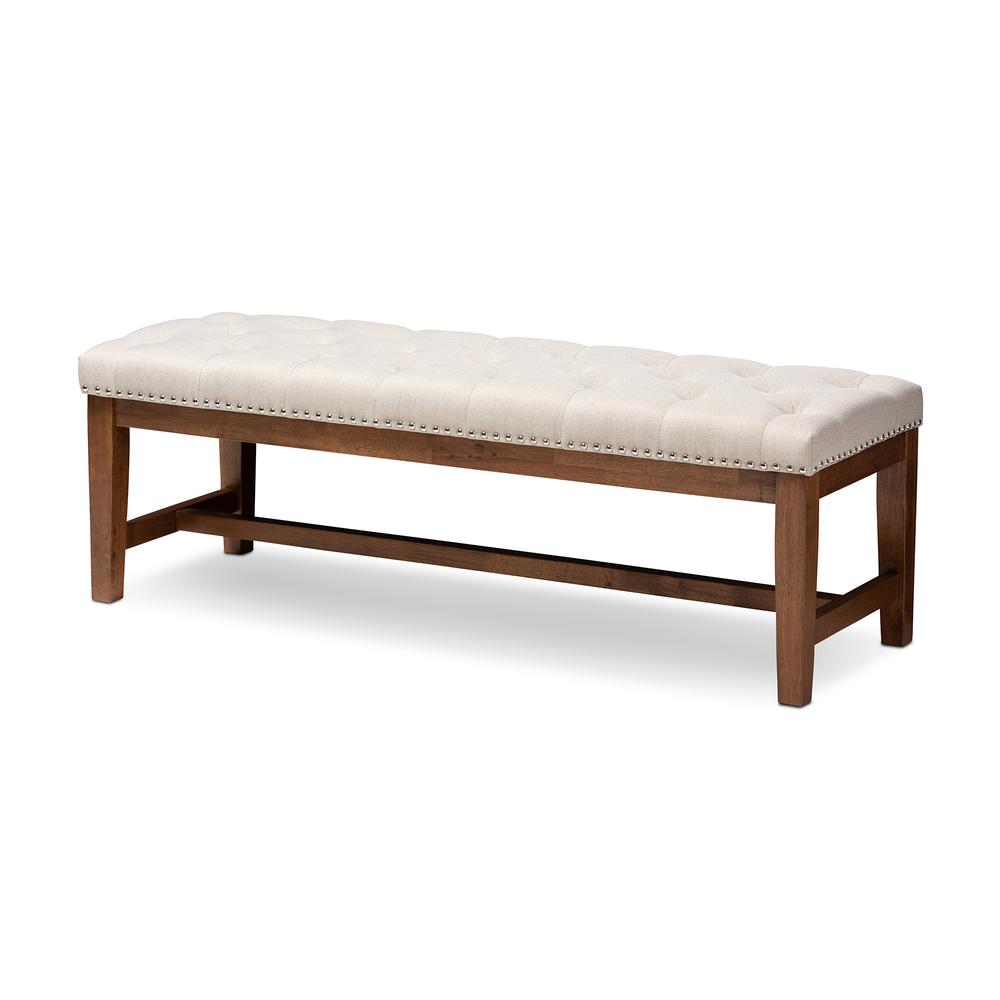 Light Beige Fabric Upholstered Walnut Finished Solid Rubberwood Bench. Picture 9