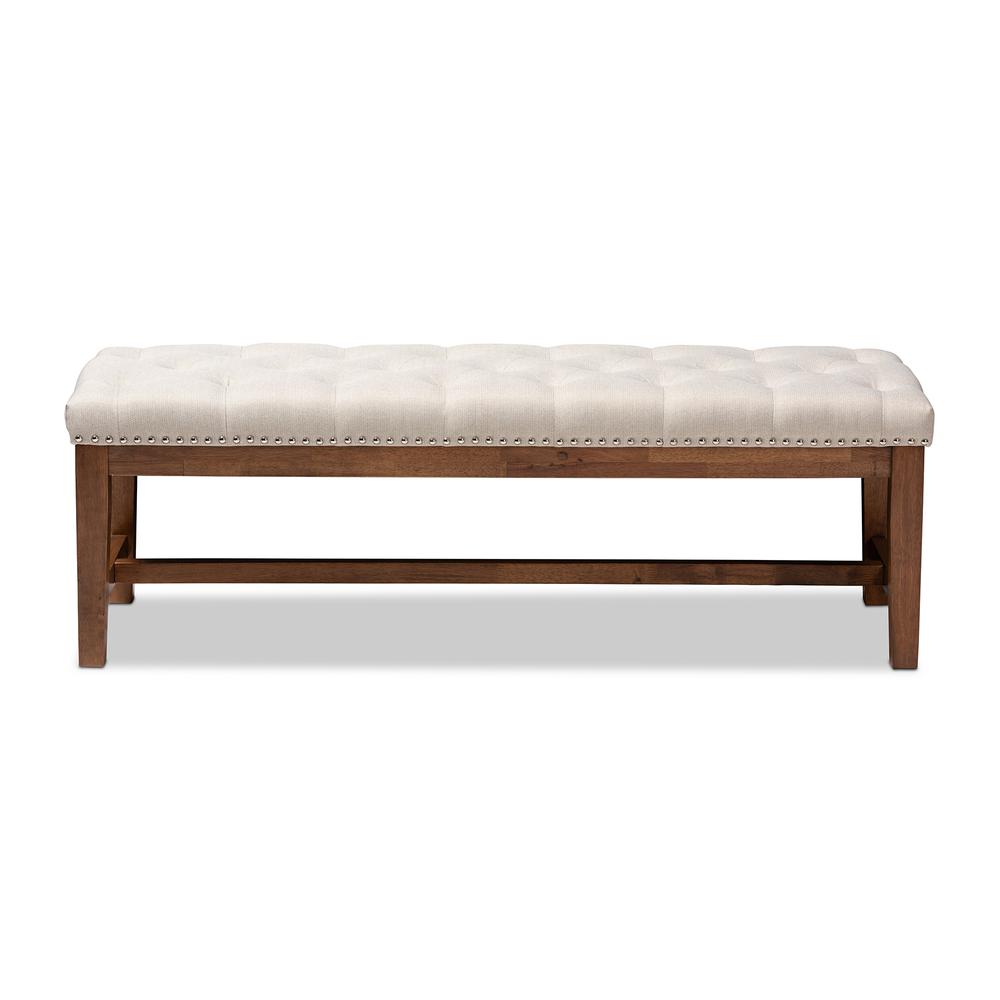 Light Beige Fabric Upholstered Walnut Finished Solid Rubberwood Bench. Picture 10