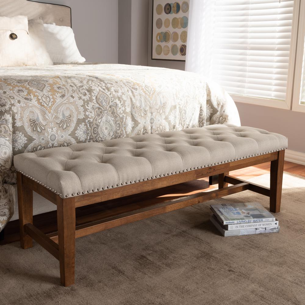 Ainsley Modern and Contemporary Light Beige Fabric Upholstered Walnut Finished Solid Rubberwood Bench. Picture 7