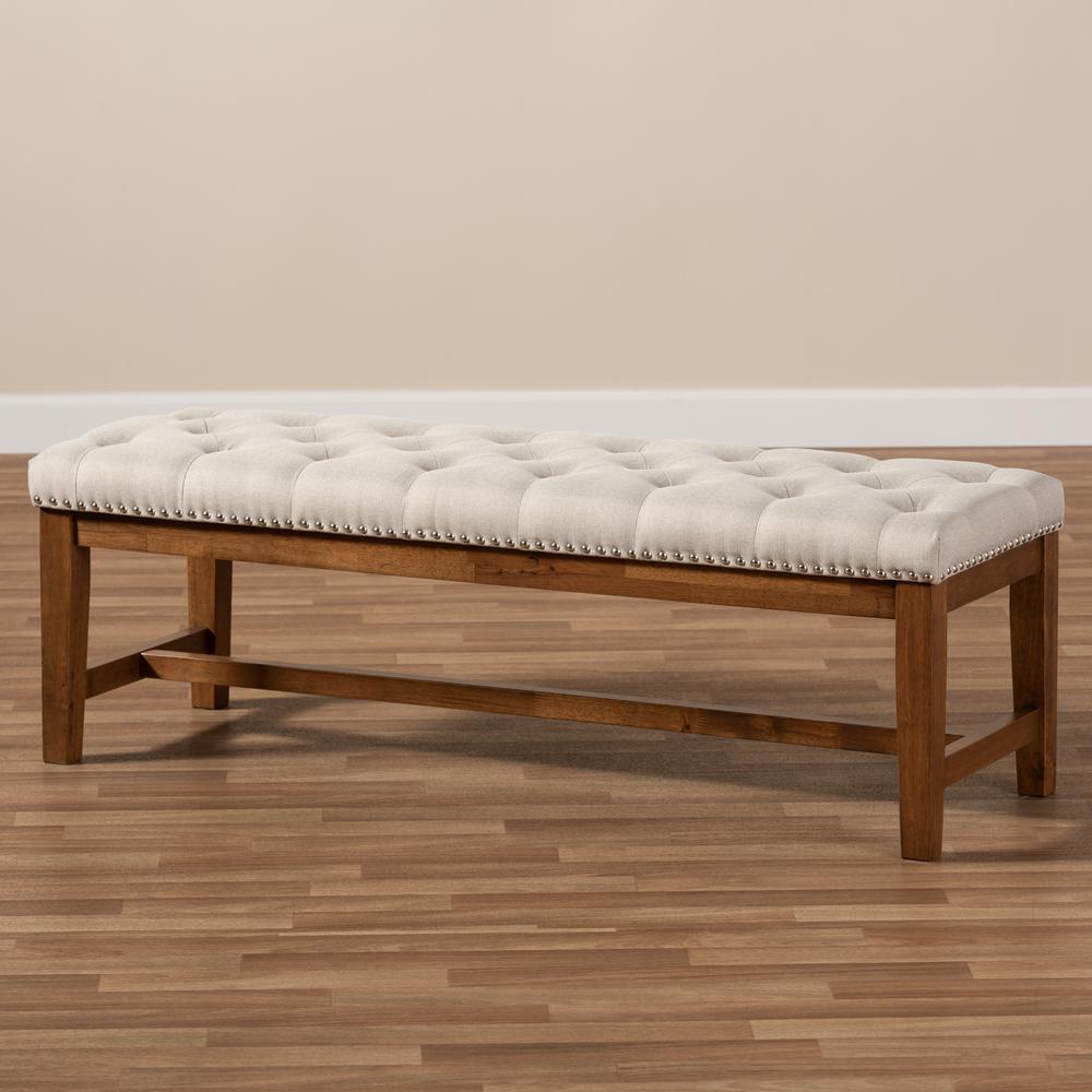 Light Beige Fabric Upholstered Walnut Finished Solid Rubberwood Bench. Picture 15
